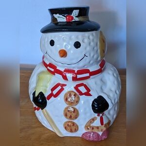 Vintage Snowman Cookie Jar Hand Painted Ceramic Christmas Kitchen Decor, T6MIS
